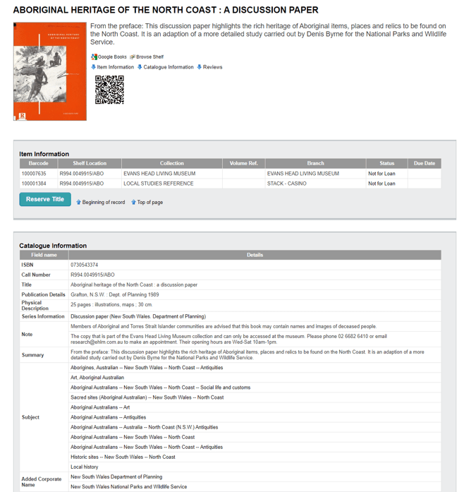 catalogue entry from the Evans Head Living Museum Collection